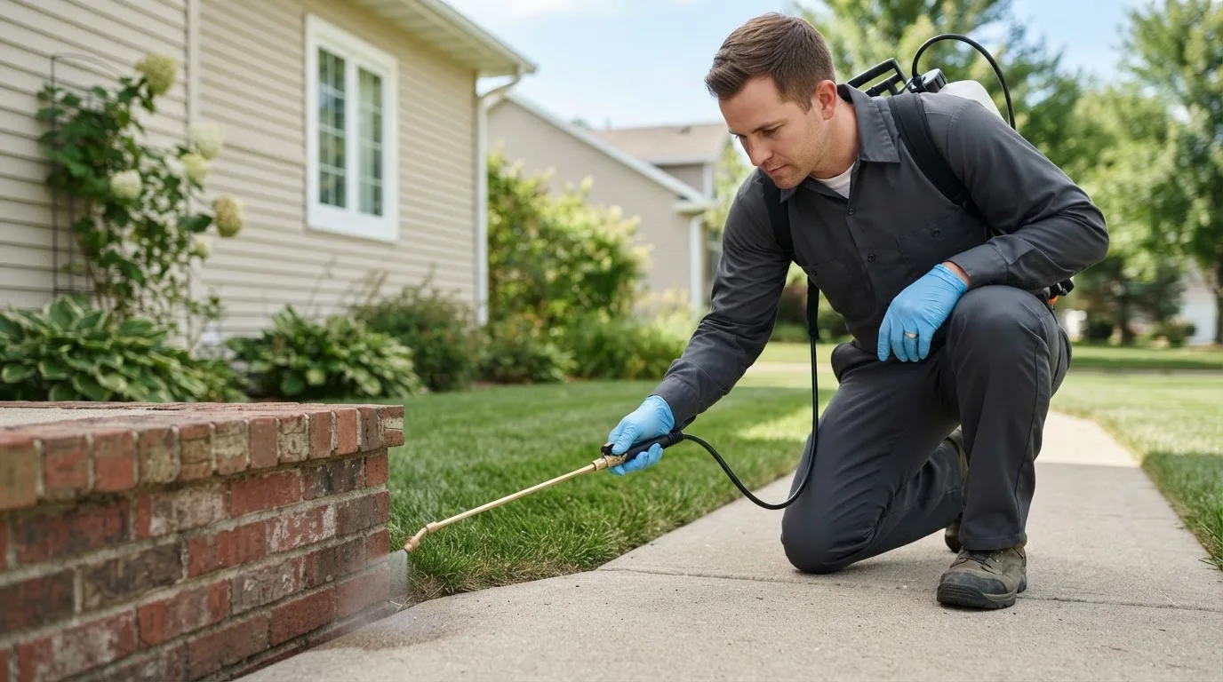 Pest control technician treating a home near Mumford, TX