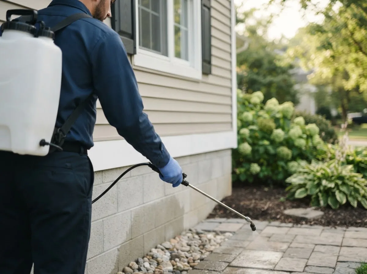 Pest control technician inspecting a home in Mumford, TX